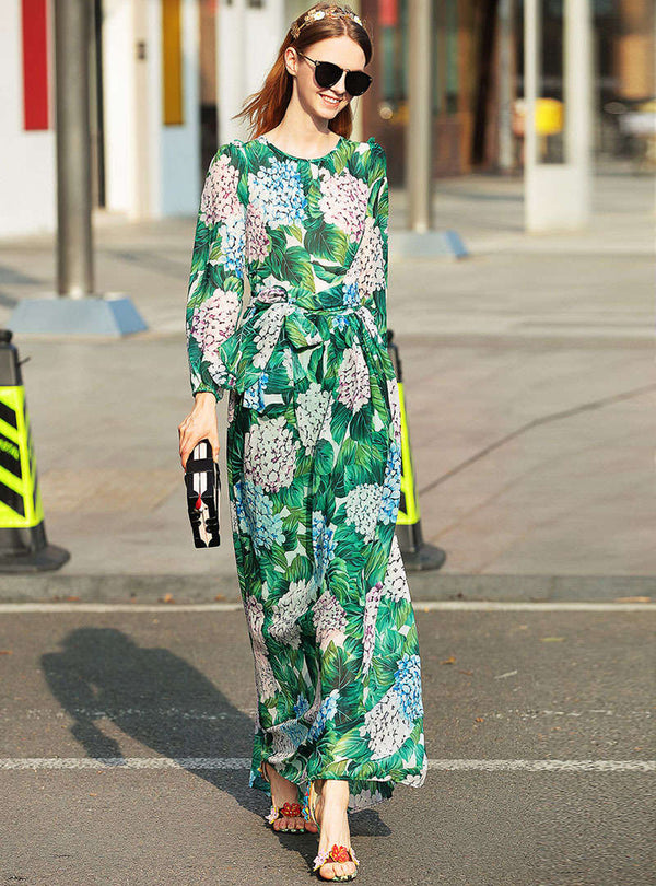 Green Floral Printed Belted Maxi Dress