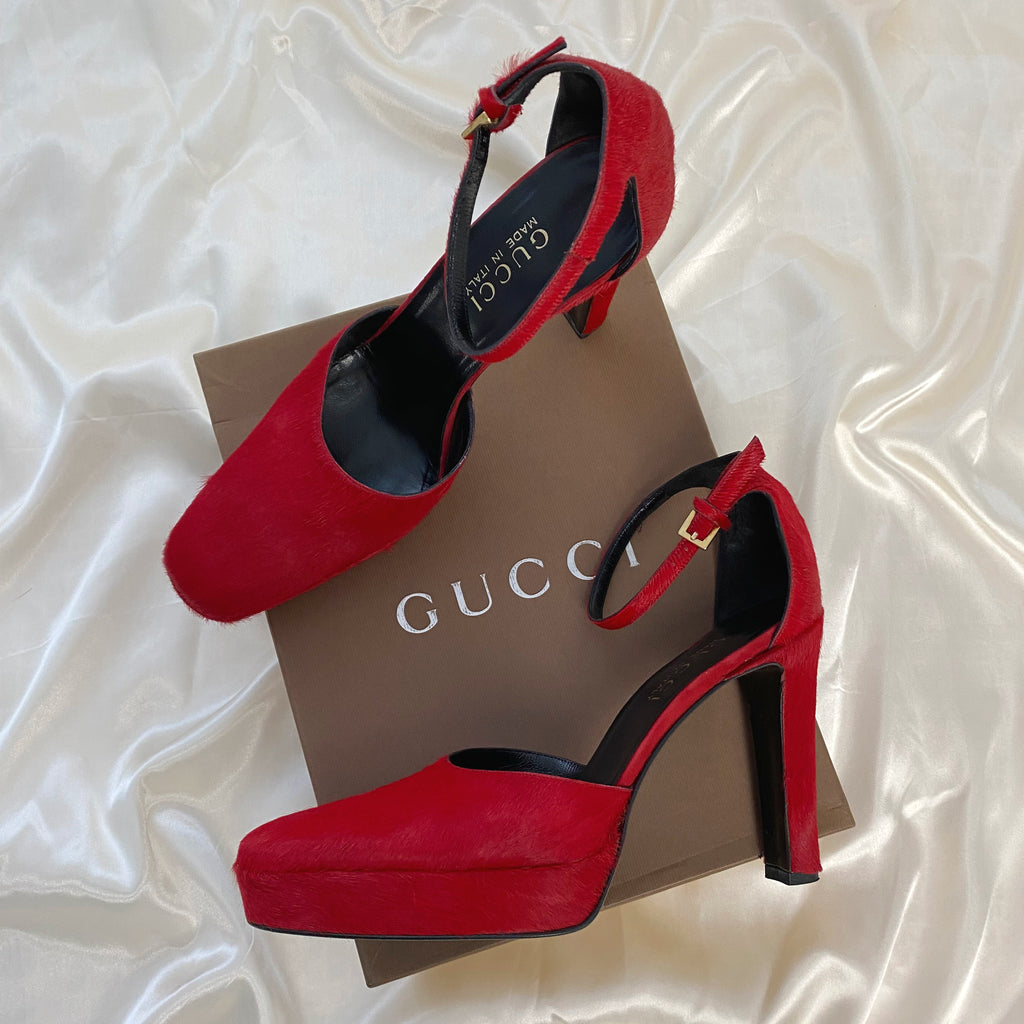 Gucci by Tom Ford Red Pony Hair Platform Heels  