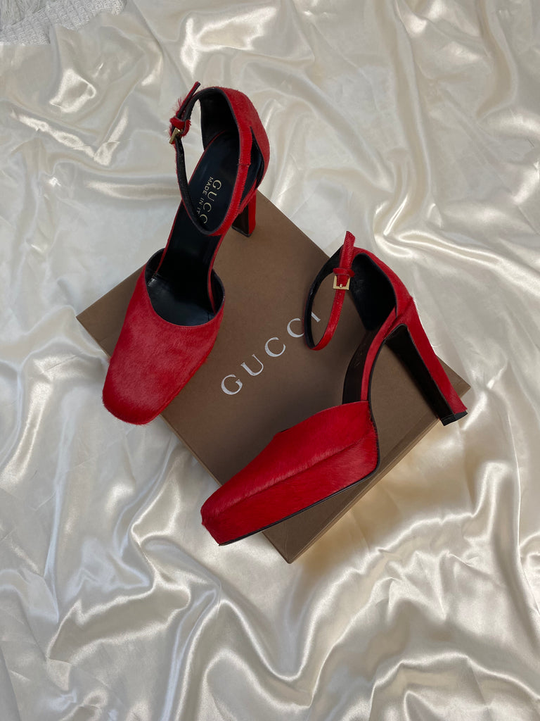 Gucci by Tom Ford Red Pony Hair Platform Heels  