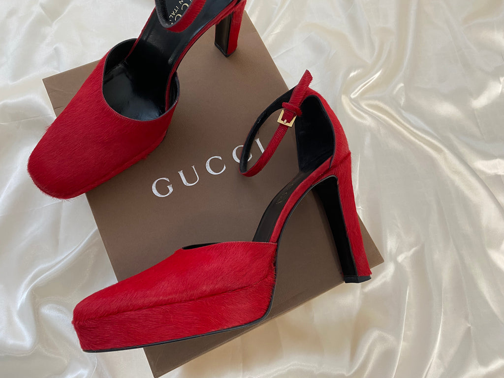 Gucci by Tom Ford Red Pony Hair Platform Heels  