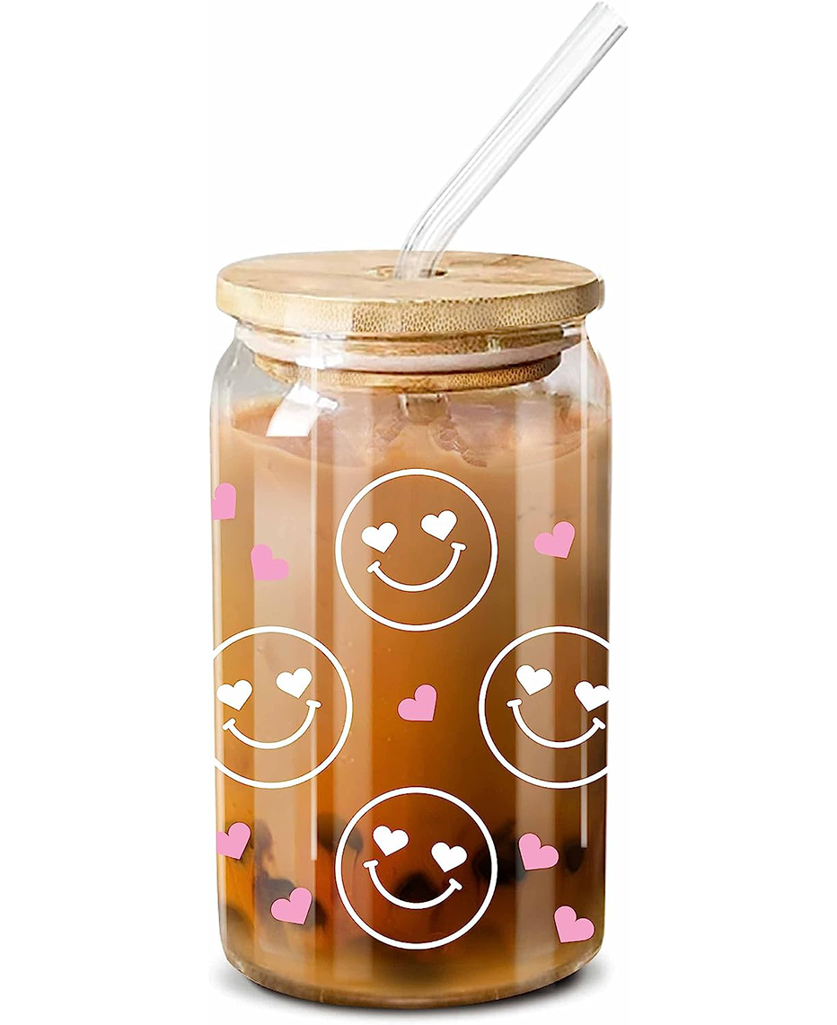 Iced Coffee Glass Cup with clear straw and bamboo lid – Smile Graphics and  Designs