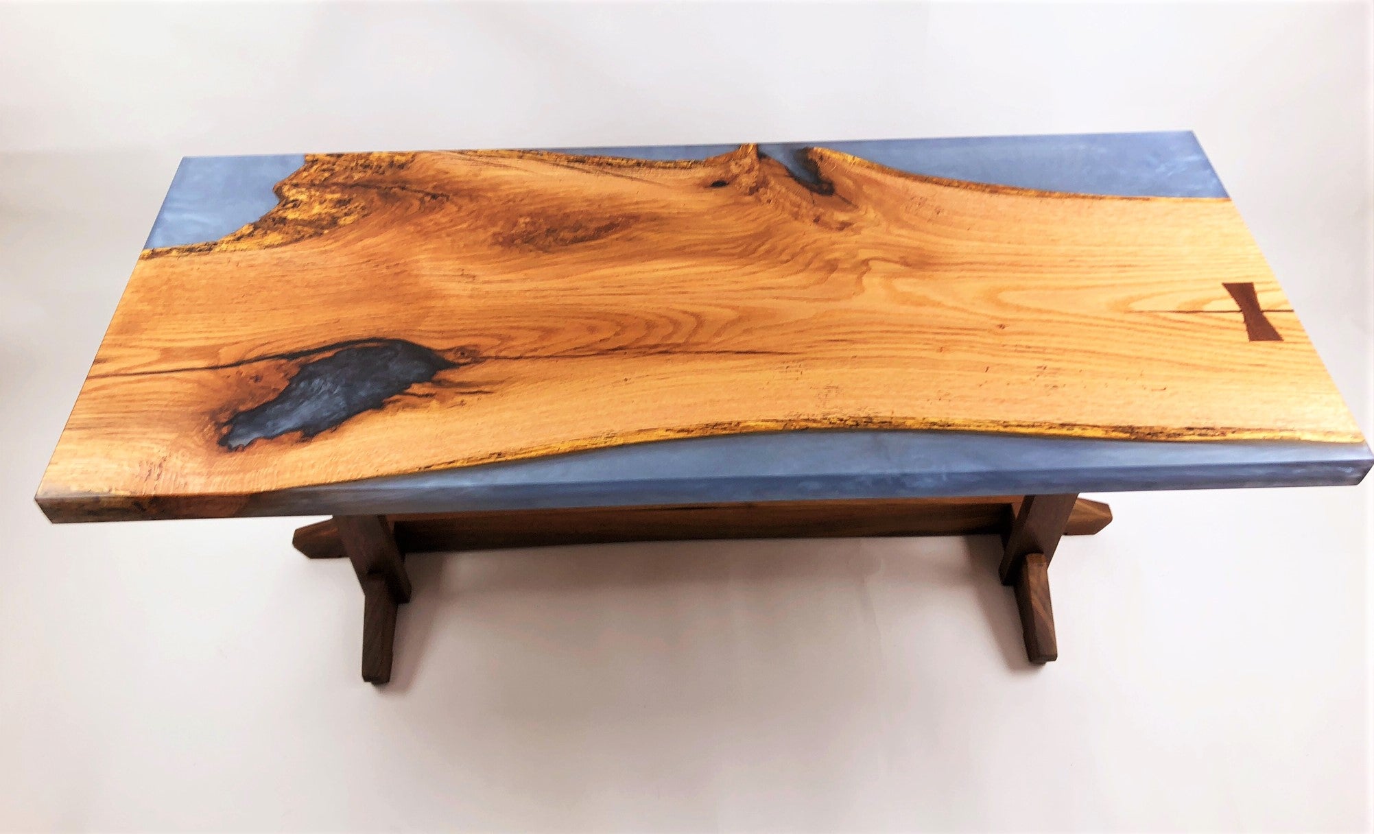 Modern Style Epoxy River Table Featuring Cherry Wood and Live Edge Slab  Table Legs