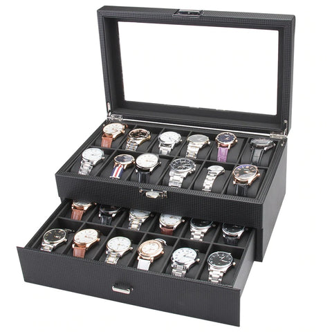 24 slots carbon fiber pu watch box