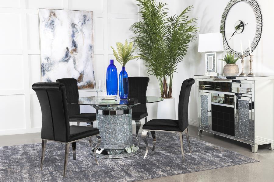 Stylish 5-piece Black Mirrored Pedestal Dining Table Set by Ellie