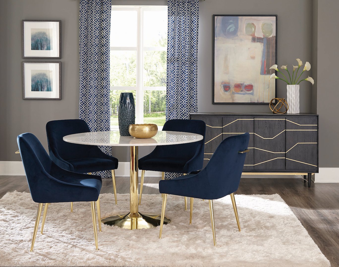 marble dining table with blue chairs