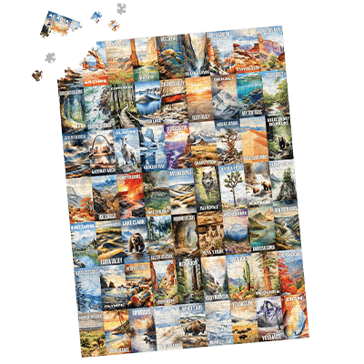 A partially completed jigsaw puzzle featuring various U.S. National Parks posters.