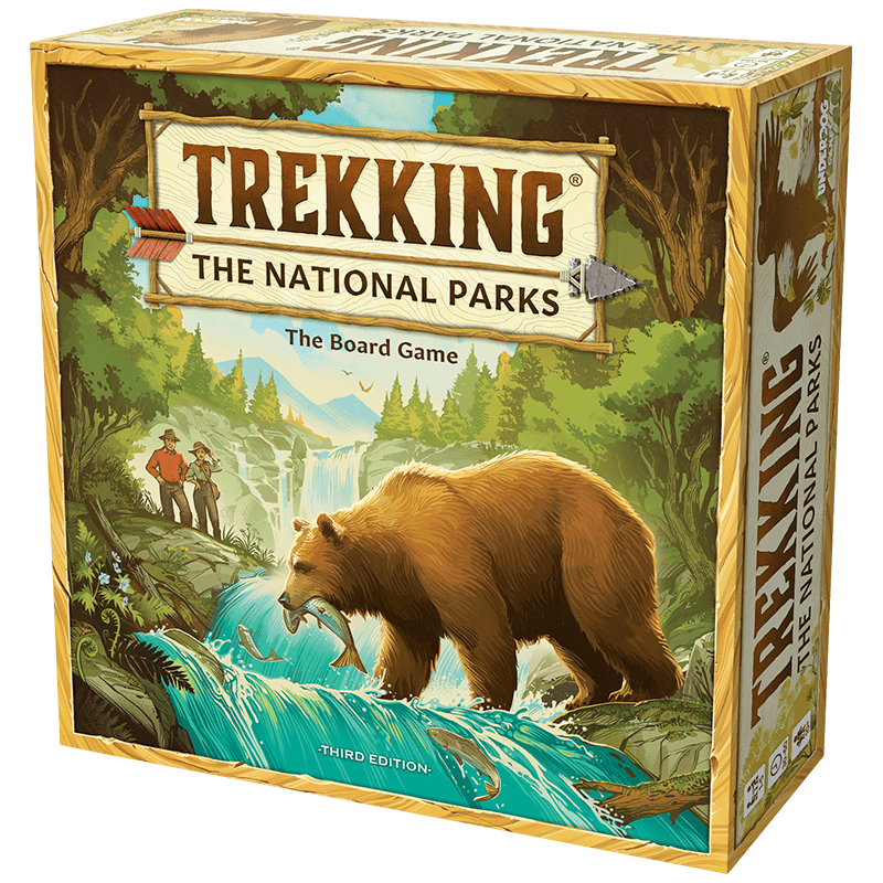 Box of 'Trekking the National Parks' board game with a bear and a waterfall.