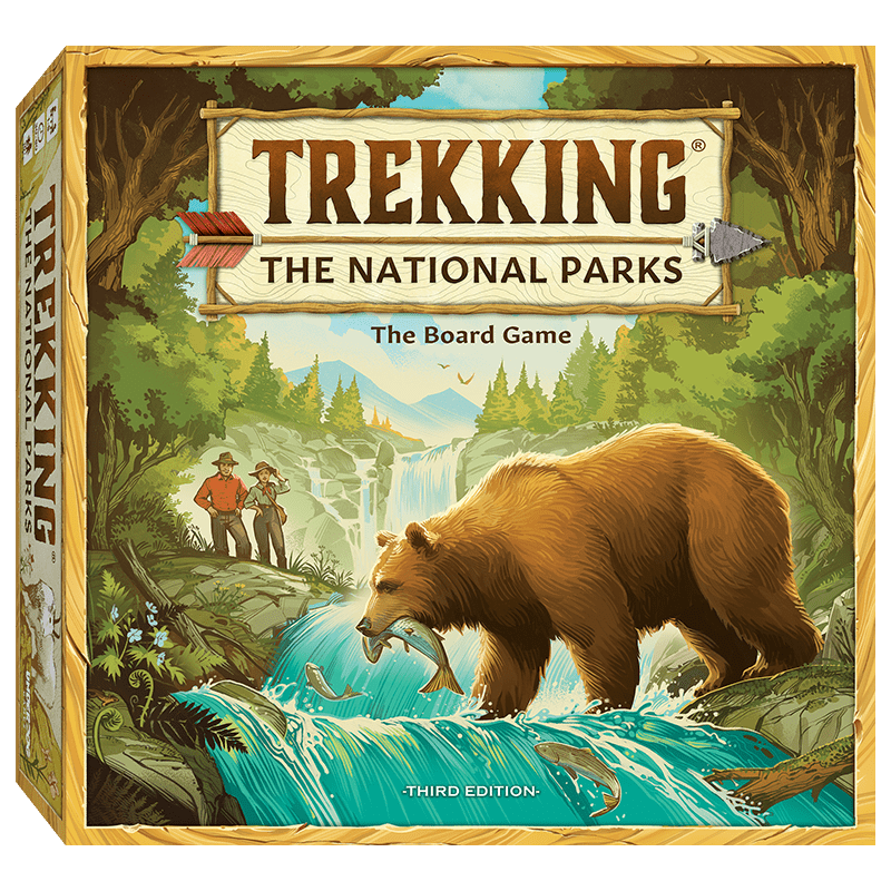 Board game box: 'Trekking the National Parks,' featuring a bear and a waterfall scene.