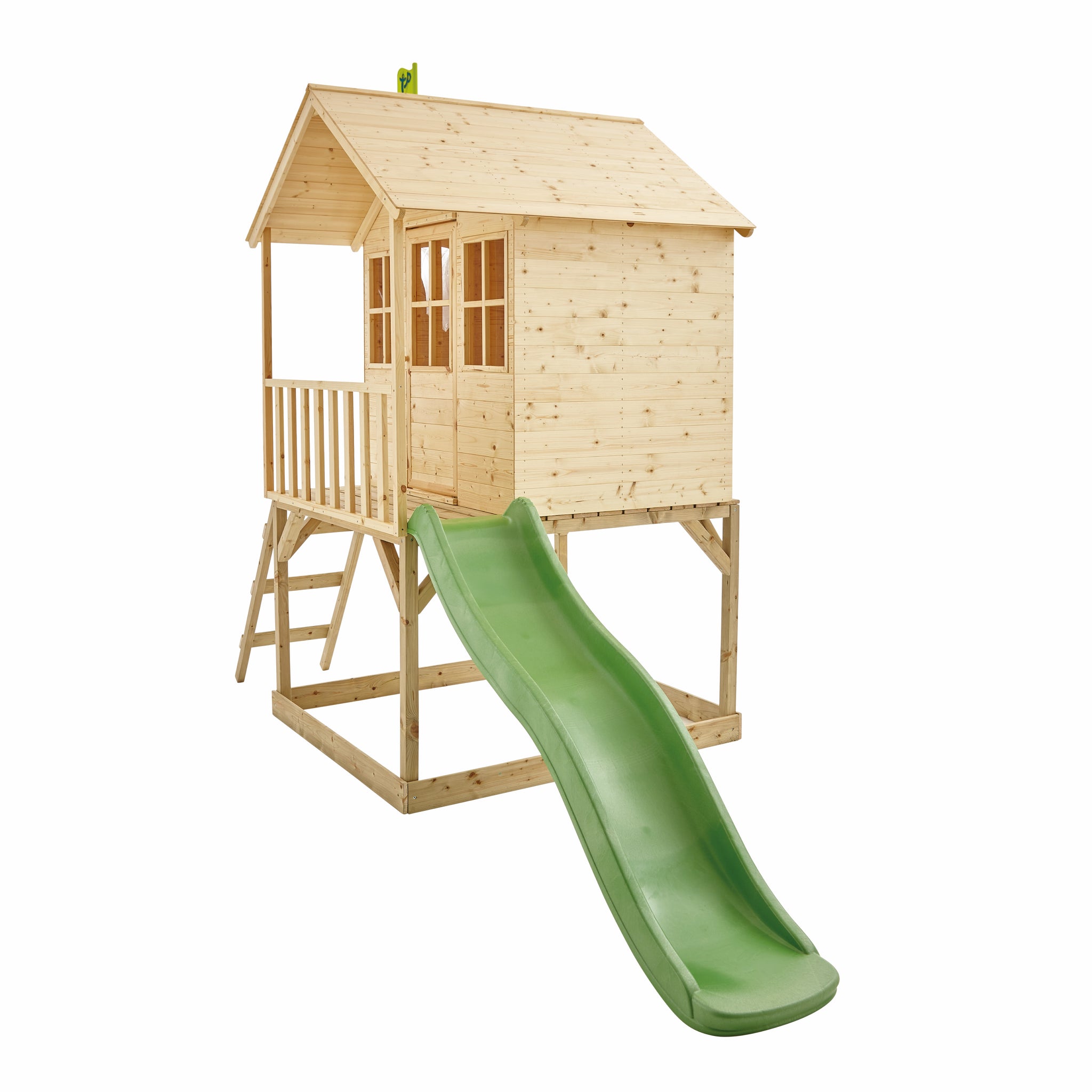 wooden playhouse and slide