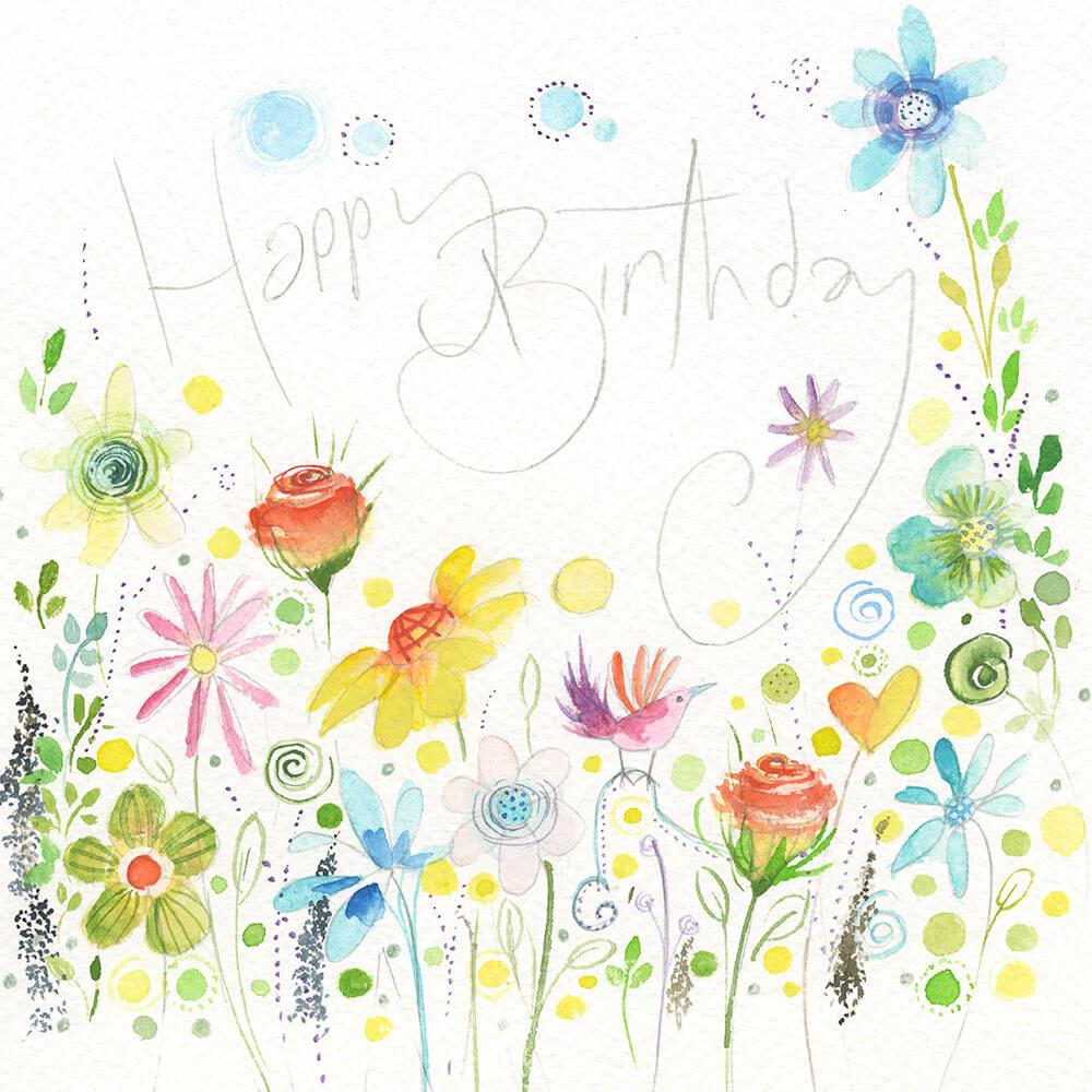 Happy Birthday Bird In A Field Of Flowers – Whistlefish Art Licensing