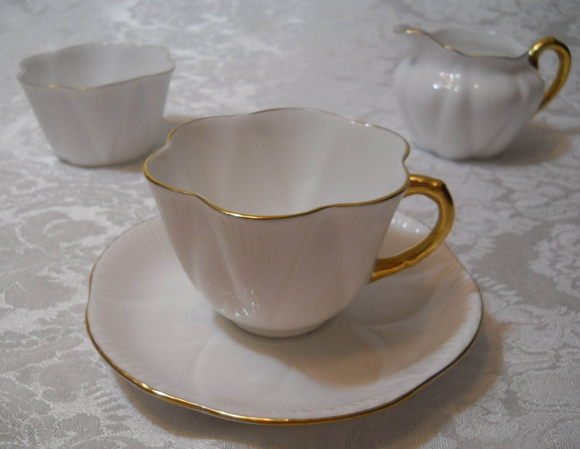 white shelley tea set