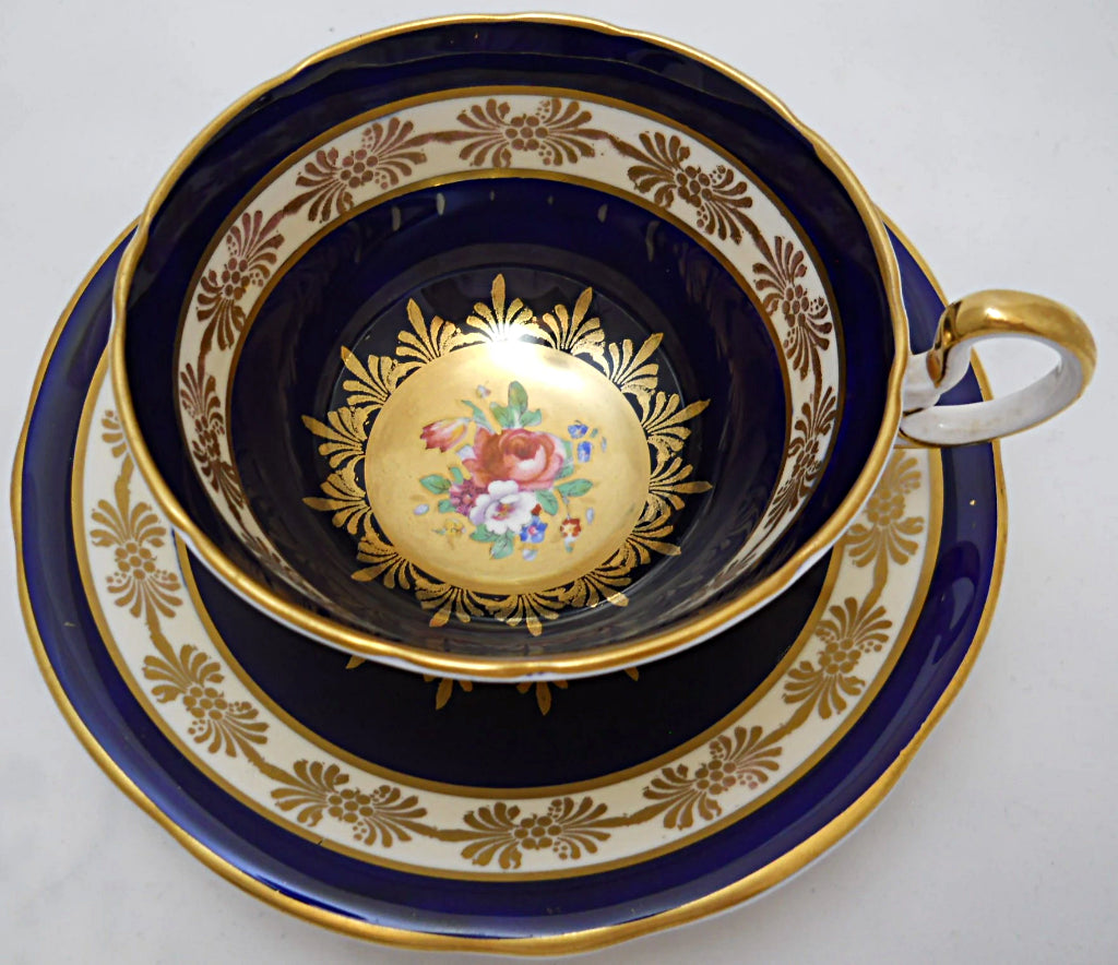 Aynsley England Cobalt Blue and Gold Floral Bone China Teacup and Sauc ...