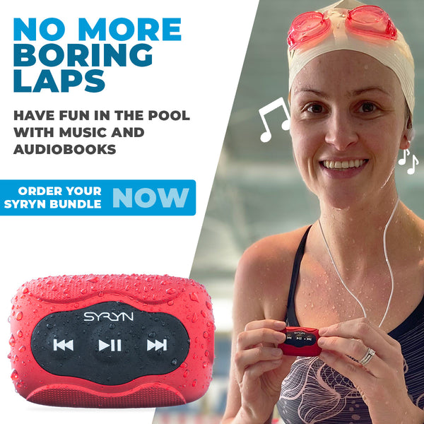 No more boring swim laps! Enjoy music and audiobooks while swimming with the Syryn waterproof mp3 player. A woman who has just been swimming smiles while holding a Syryn and listening to audio.