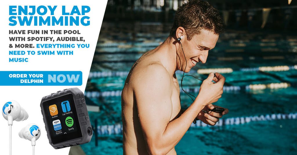 Enjoy lap swimming with the Delphin Waterproof Micro Tablet Music Player by Underwater Audio. Have fun in the pool listening to Spotify, Audible and more. Order your Delphin now. A man who just climbed out of the pool smiles while listening to audio.