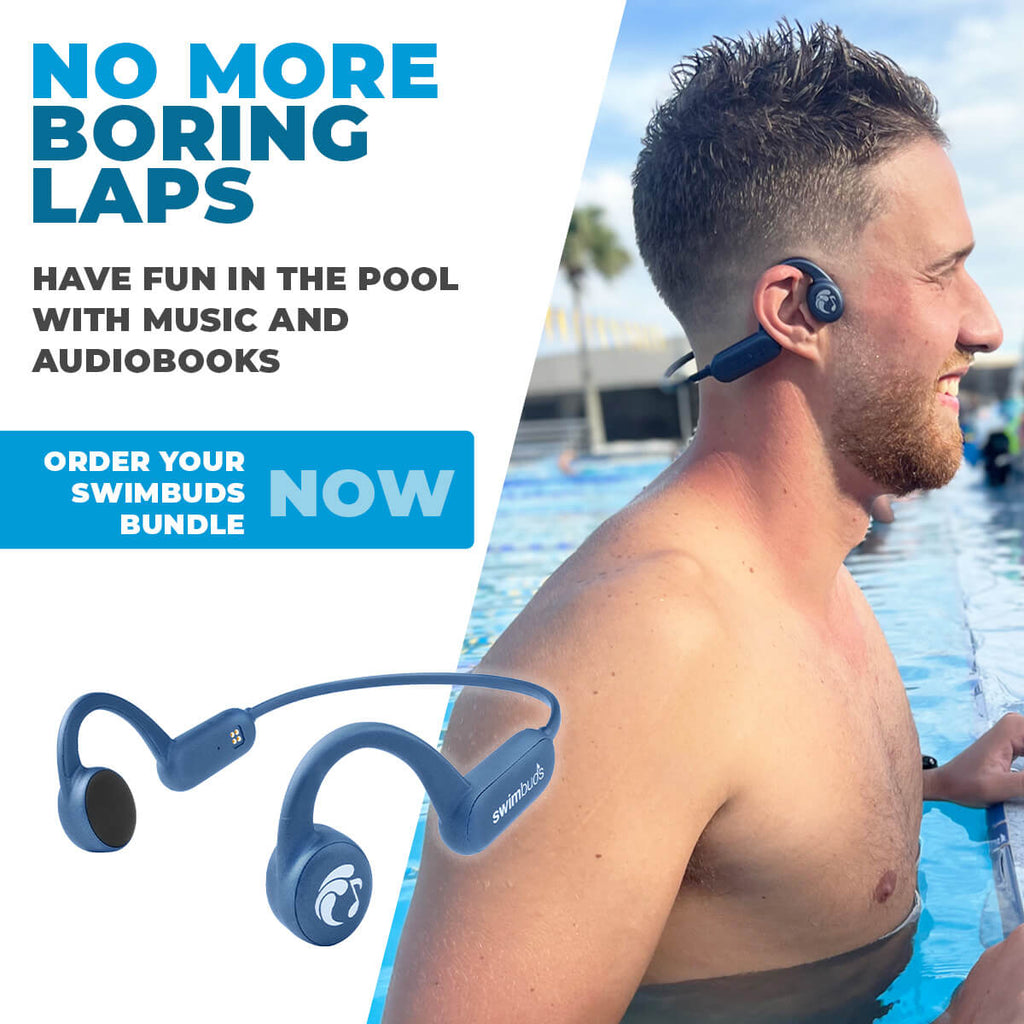 No more boring laps! Order you Swimbuds Bone Conduction Bundle. Have fun in the pool with music and audiobooks.