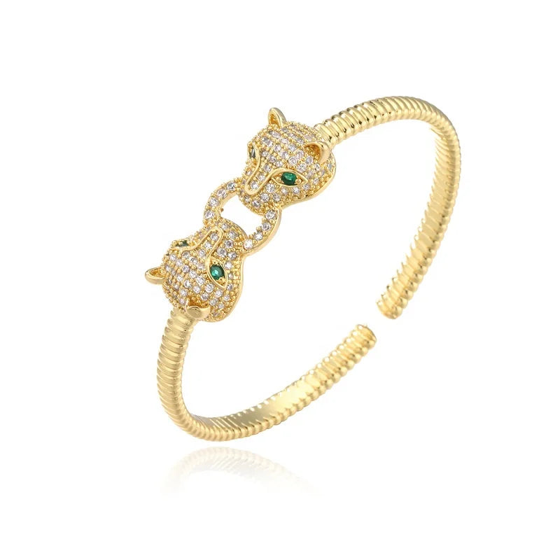 2024 shanghai Hot sell Women's Fashion Leopard Head 18K Real Gold Plated Micro Paved Zircon Bracelet Opening Adjustable Cuff Bangle