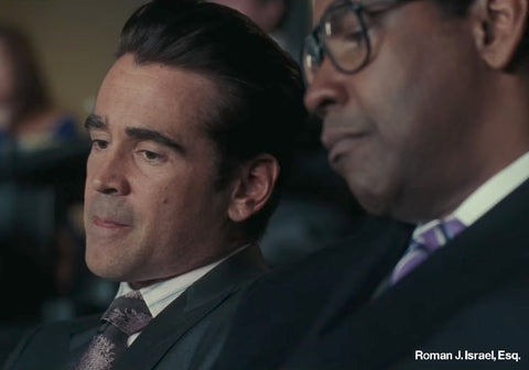 Colin Farrell wearing Mimi Fong Moss tie co-stars with Denzel Washington in Roman J. Israel Esq.