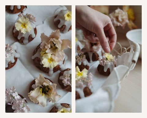 Adding the finishing touches to Floral Honey Bundt Cakes by Verity & Thyme.