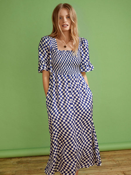 Arabella Navy Checker Shirred Dress | KITRI Studio