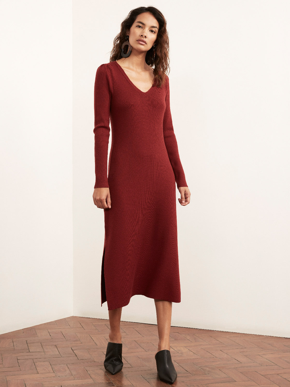 Elisa Red Merino V-neck Wool Rib Knit Dress | Women's Knitted Dresses ...