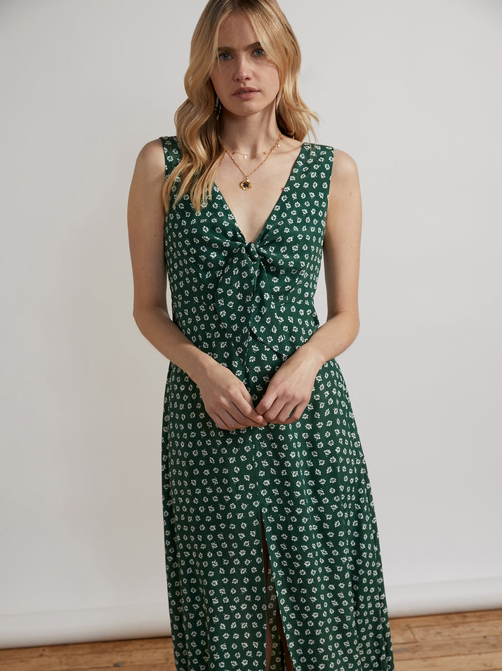 June Tie Front Green Ditsy Floral Midi Dress
