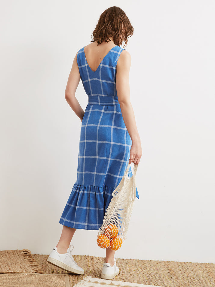 Caroline Cornflower Blue Check V-Neck Midi Dress | Women's Midi Dresses ...