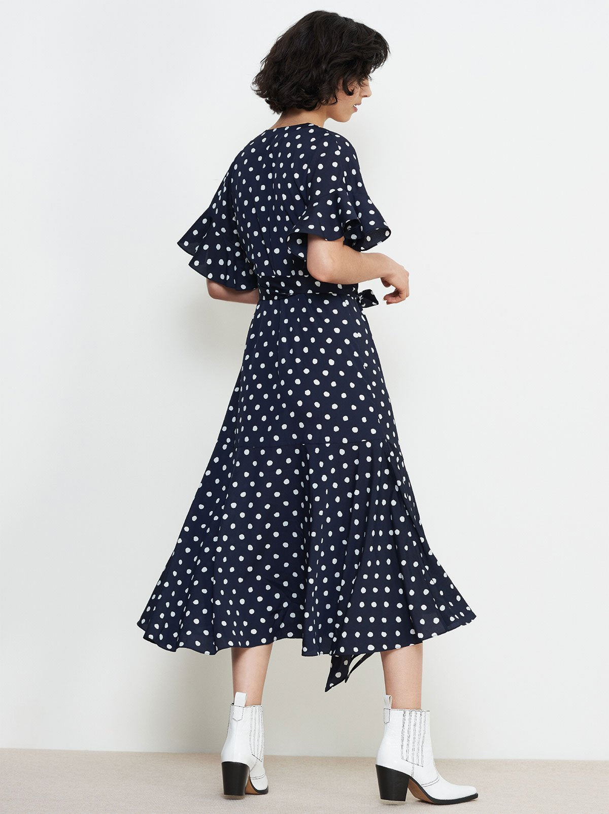 navy blue polka dot wrap dress