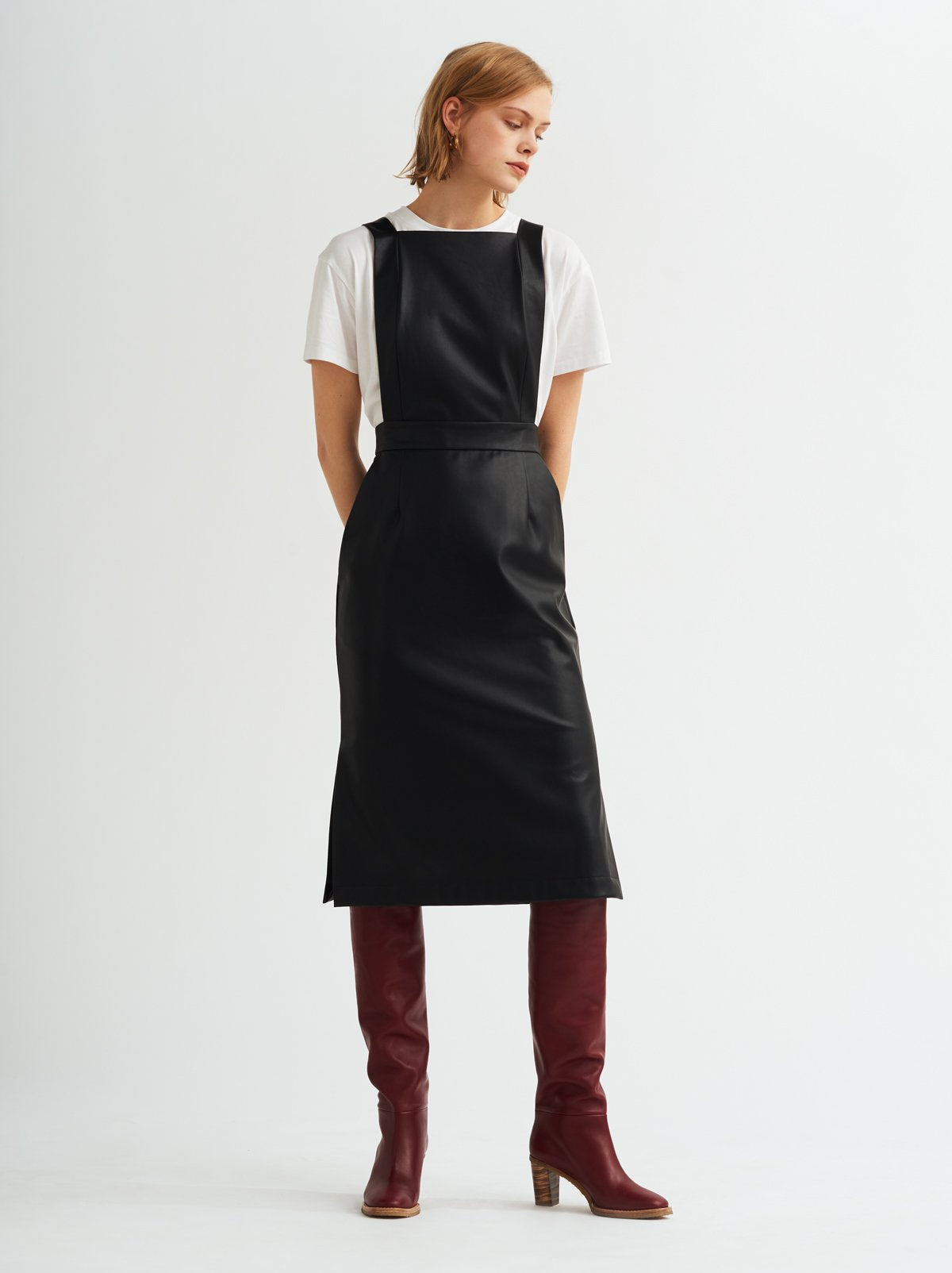 black leather pinafore