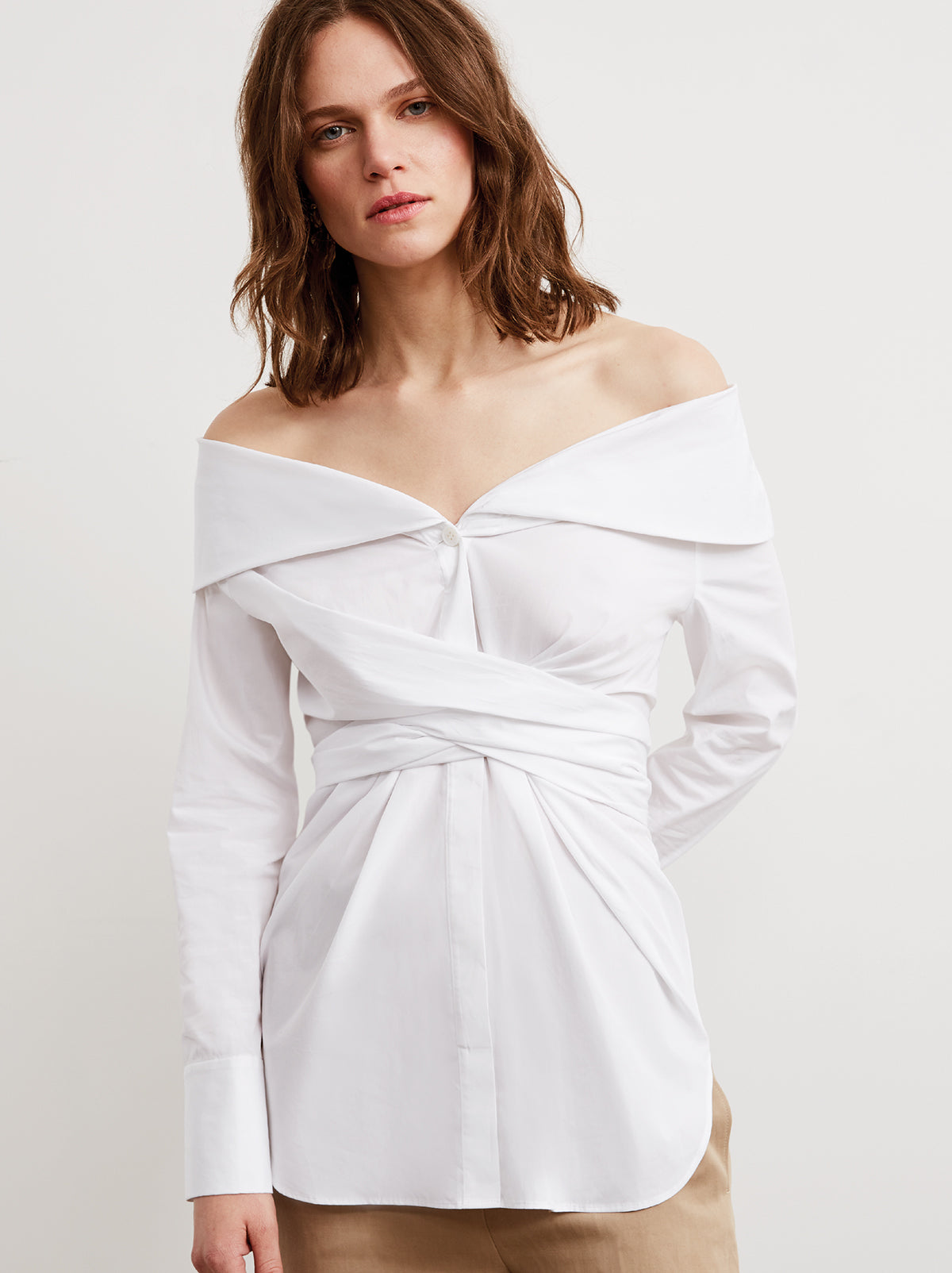 off shoulder white button up shirt