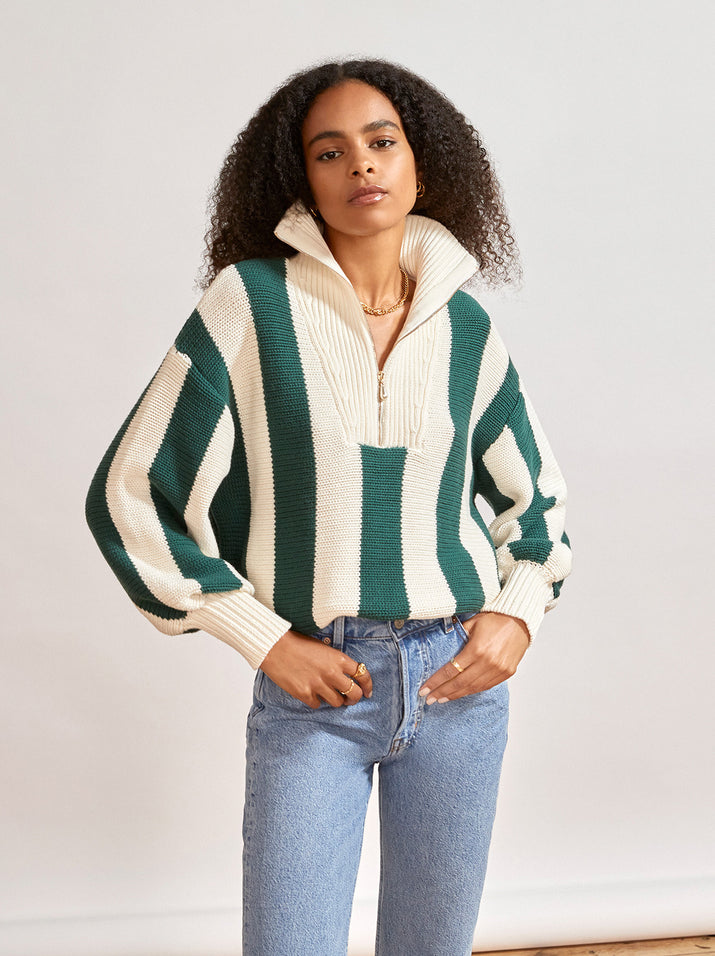 Lorna Green Stripe Zip Collar Cotton Sweater | KITRI Studio