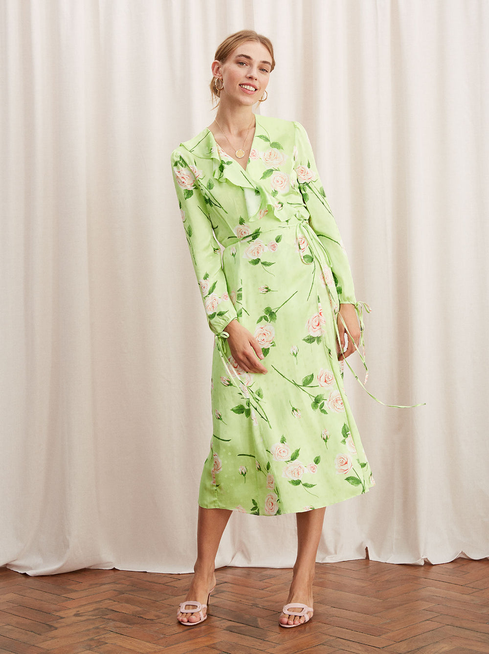 green frill wrap dress