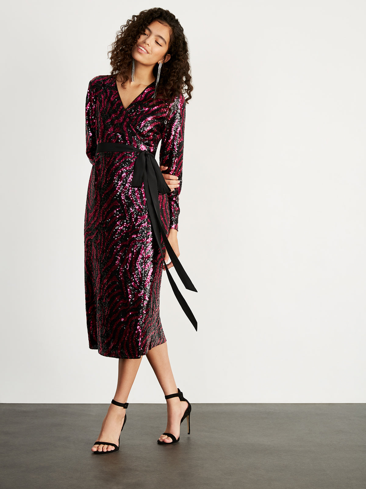 purple sequin wrap dress