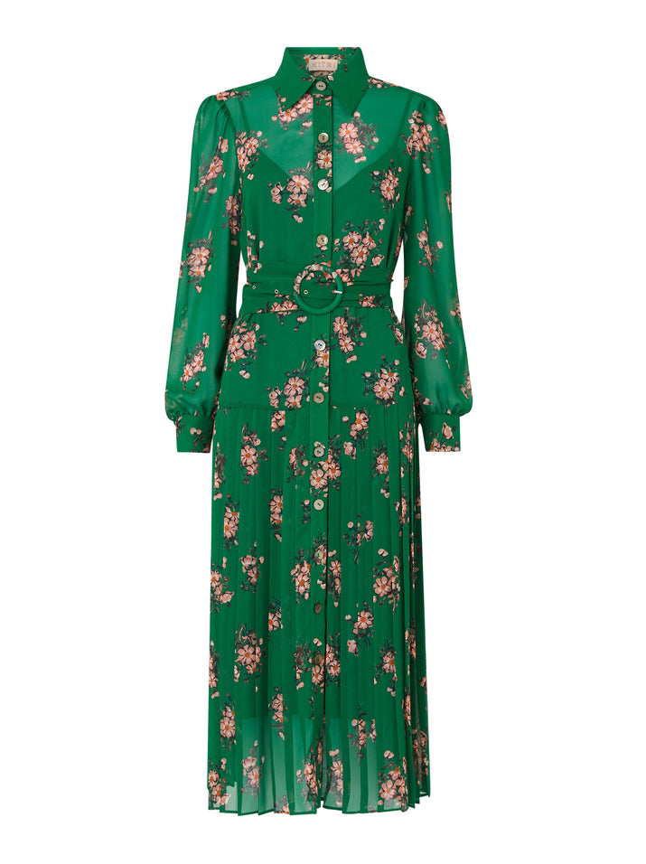 Tara Green Pleated Shirt Dress | Women's Printed Midi Dresses | KITRI