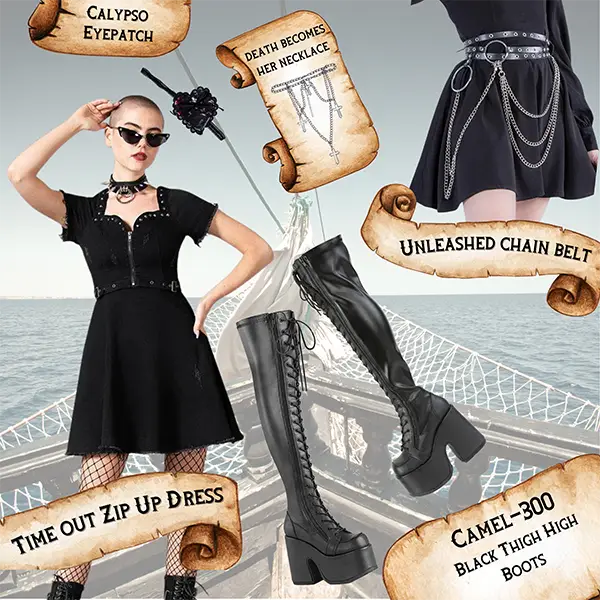 Sexy Gothic Pirate Costume, Killstar Time Out Zip UP Dress, Camel-300 Boots