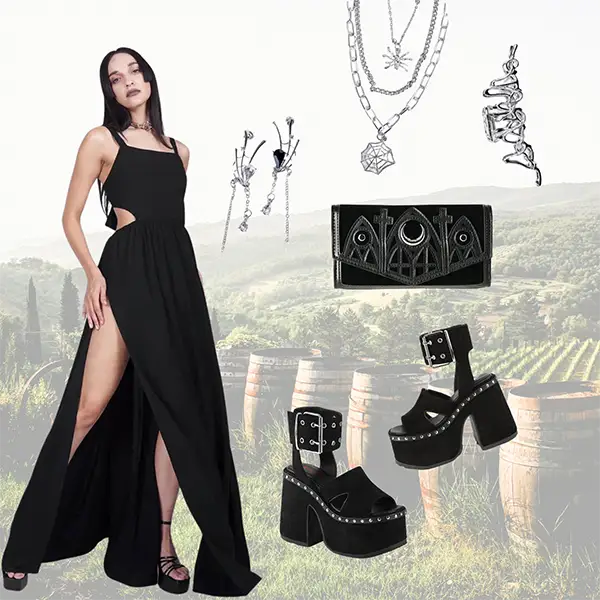 Gothic Wedding Guest Outfit Perfect for Vineyard, Suspiria Maxi Dress, Camel-102 Demonia Faux Suede Platform Sandals, Cathedral Wallet and a Matching Spider Earrings & Necklace Set