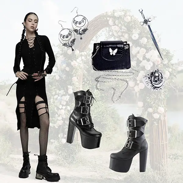 Gothic Garden Wedding Guest Outfit, Early Mourning Knit Dress by Punk Rave, Torment-703 Platform Boots, Itsy Bitsy Chloe Bag, Blade of the Goddess Hair Stick, Chasing Shadows Earrings