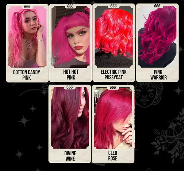 Manic Panic Classic Colour Chart Pink | Cotton Candy Pink, Hot Hot Pink, Electric Pussycat, Pink Warrior, Divine Wine, Cleo Rose