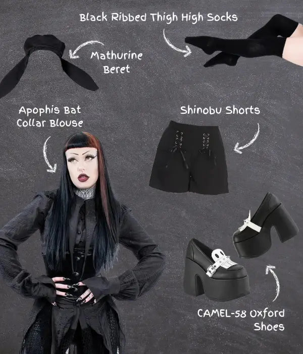 Dark Acadamia Outfit Inspo! Shinobu Shorts, Apophis Bat Collar Blous, Camel-58 Oxford Shoes