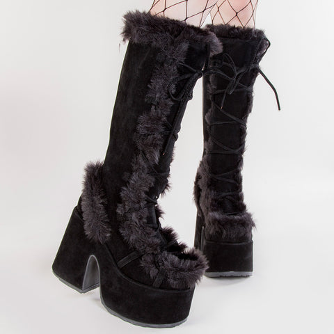 Demonia CAMEL-311 knee high black faux suede boots trimmed with faux fur.