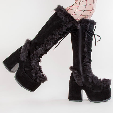 Black Demonia Camel-311 fluffy knee high boots