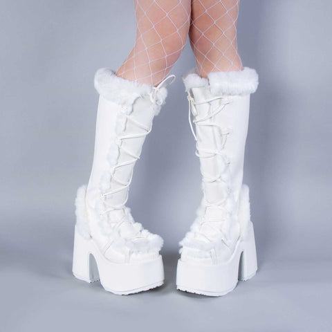 Demonia CAMEL-311 knee high boots in white faux fur in faux suede.
