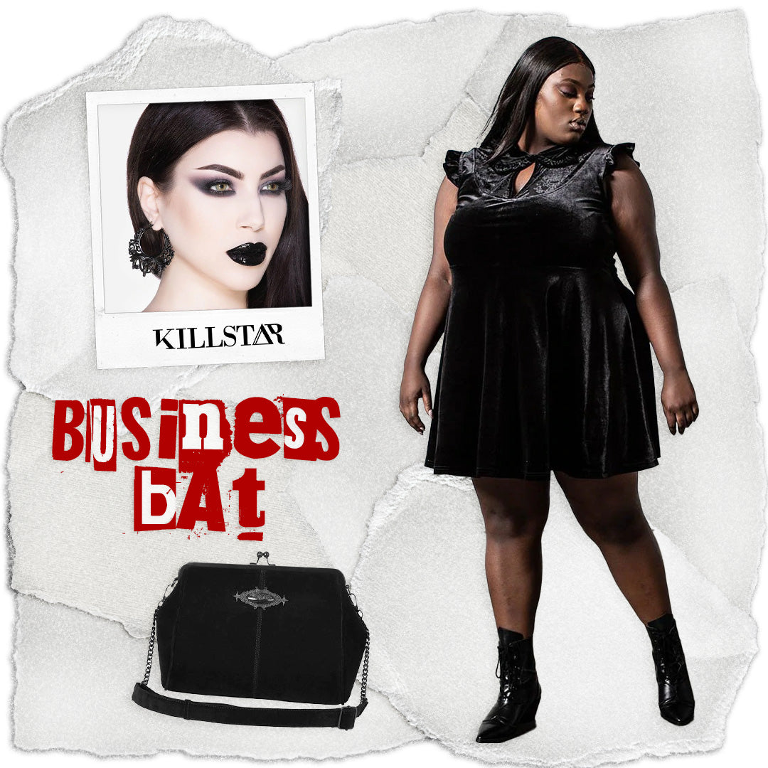 Business Bat | Little Black Dress Outfit 4: Amaymon Collar Dress, Worship the Night Hoop Earrings, Release the Bats Handbag