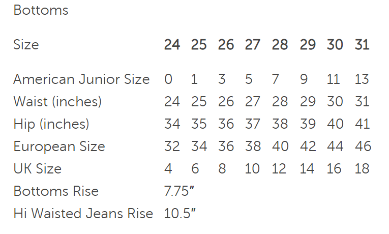 Tripp NYC Size Chart: Women's Bottoms