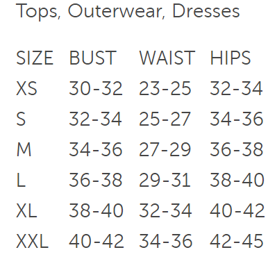 Tripp NYC Size Chart: Women's Tops & Dresses