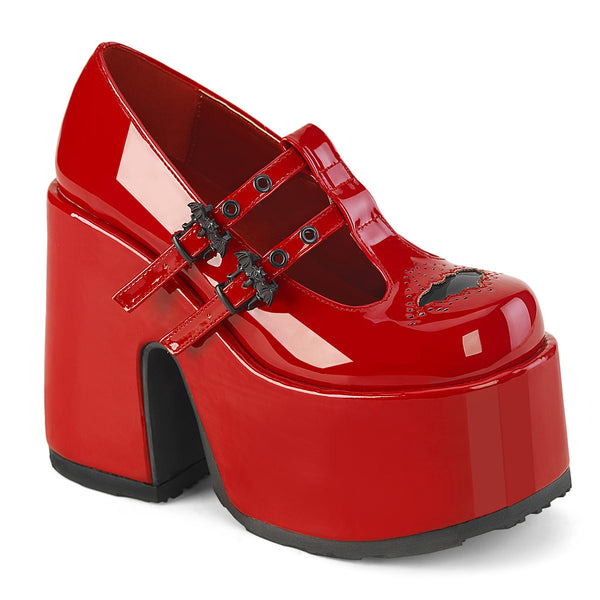 Demonia CAMEL-55 red patent platform mary janes with bat cutouts & buckles.