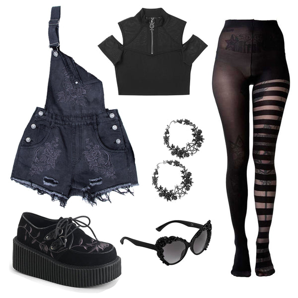 How to wear creepers with denim | Demonia CREEPER-219 faux suede creepers | Killstar Denim Overalls, Earrings, Sunglasses & Crop | Summer Goth Outfit Inspo
