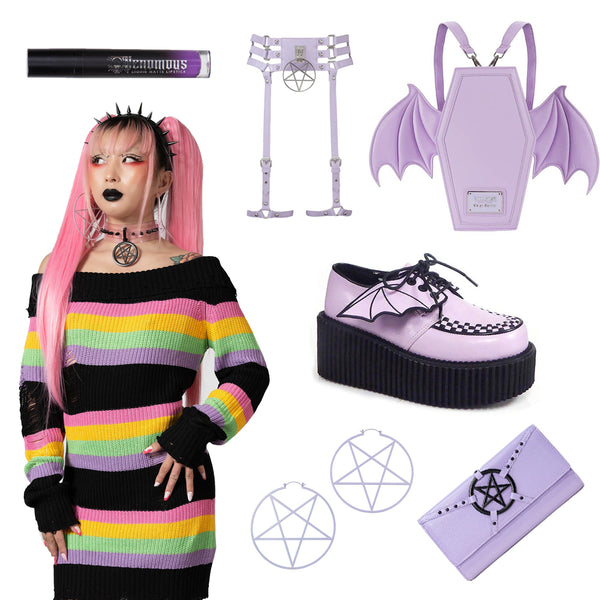 Pastel Goth Creepers | CREEPER-205 lavender bat wing creepers | Killstar Good Vibes Sweater Dress | Pastel Goth Outfit Inspo 