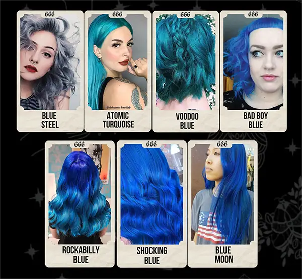 Manic Panic Classic Colour Chart for Blue Hair | Colours featured - Blue Steel, Atomic Turquoise, Voodoo Blue, Bad Boy Blue, Rockabilly Blue, Shocking Blue, Blue Moon