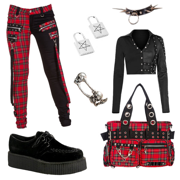 How To Wear Creepers With Dartan | Demonia V-CREEPER 502S faux suede unisex creepers | Banned Apparel Jetsetter Trousers & Camdyn Handbag in Red Tartan | Punk Outfit Inspo
