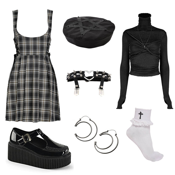 How To Wear Creepers With A Skirt | Demonia CREEPER-214 black patent Mary Janes | Killstar Dark Fate Beret | Punk Rave Black & Yellow Tartan Suspender Skirt | Y2K outfit inspo